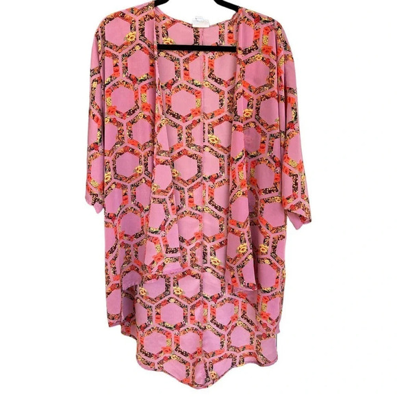 LulaRoe Pink Floral Geometric Kimono Duster Size Small Duster Swimsuit Coverup - Picture 1 of 7